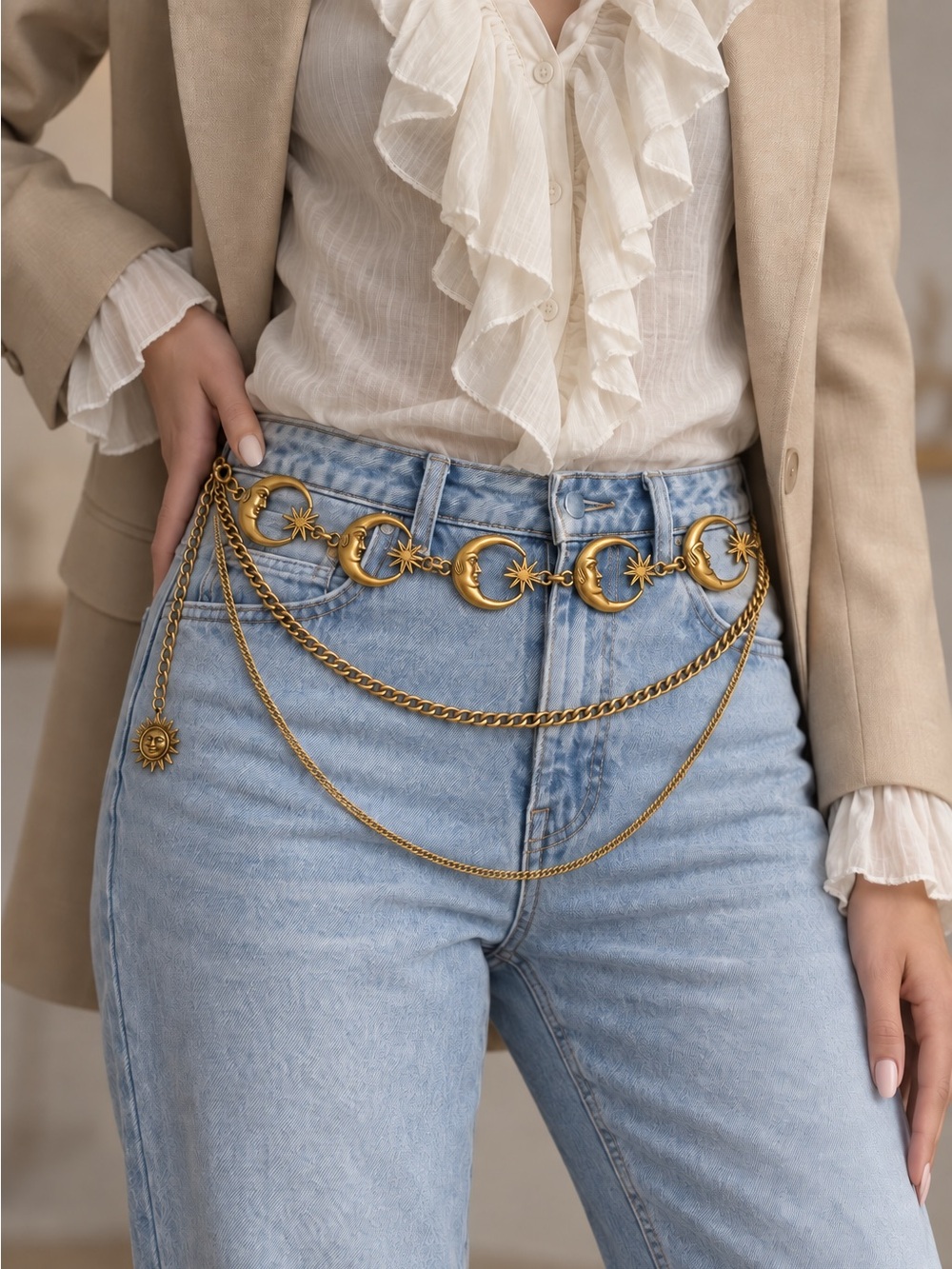 Vintage Celestial Moon & Star Layered Waist Chain Belt